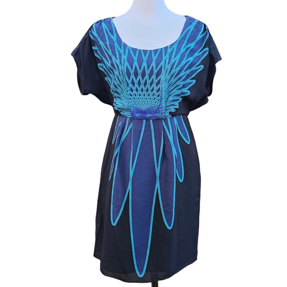 Tibi Silk Dress Size 4 Black Blue Feather Print Short Sleeve